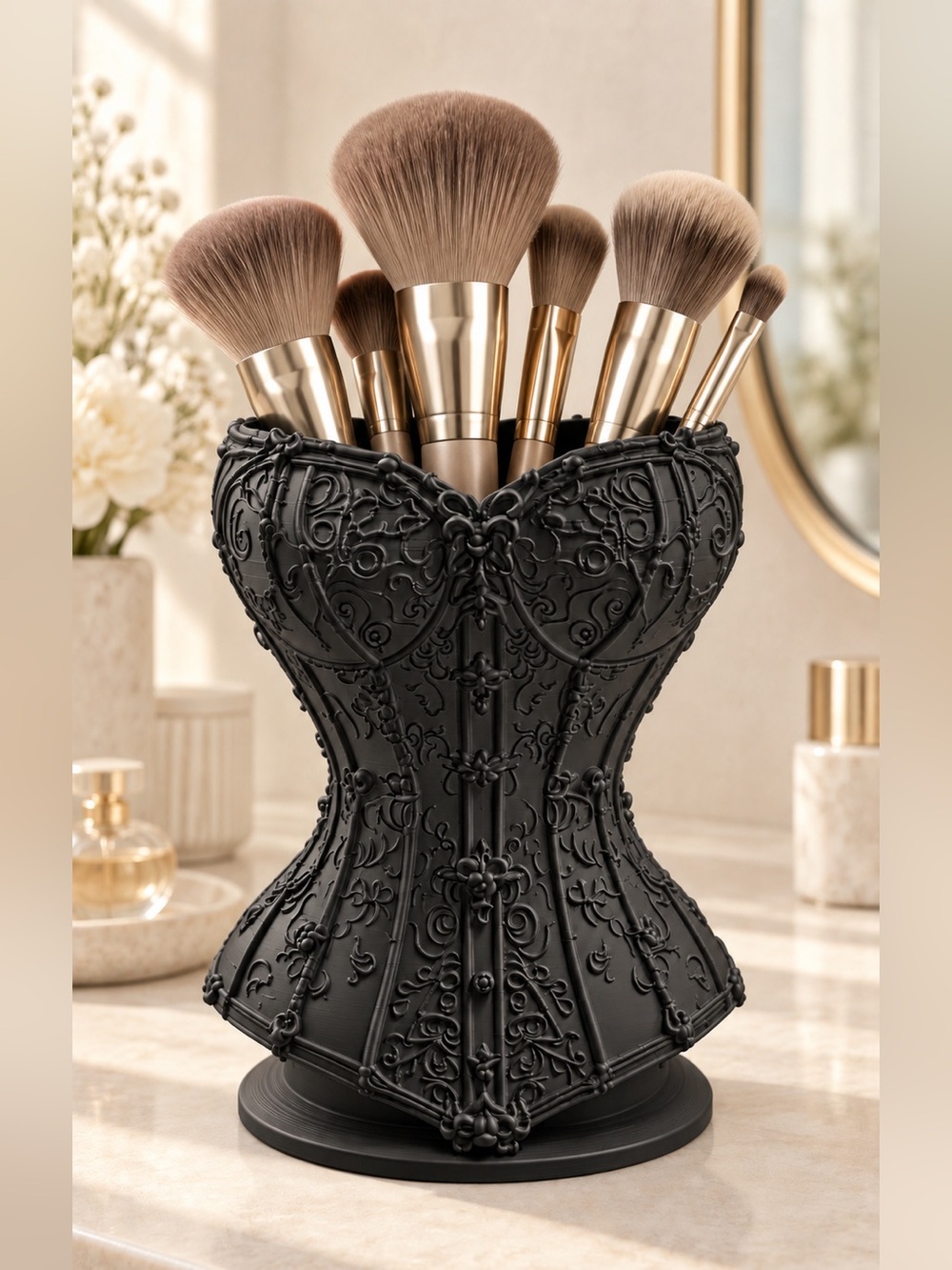 Black Corset Brush Holder - Stylish Makeup Organizer